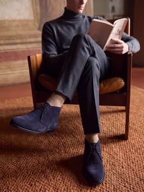 Suede Navy Blue Chukka Boots, Mens Lace-up Ankle Boots, Hand-Stitched Sole